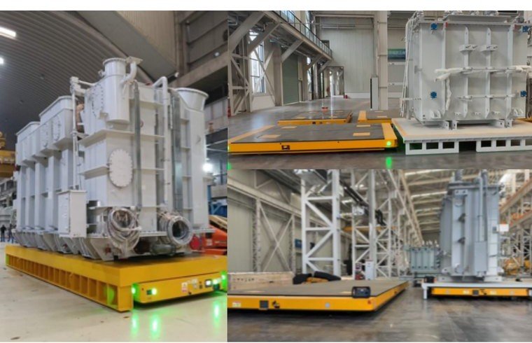 Heavy-load AGV transporting transformer equipment in an industrial plant
